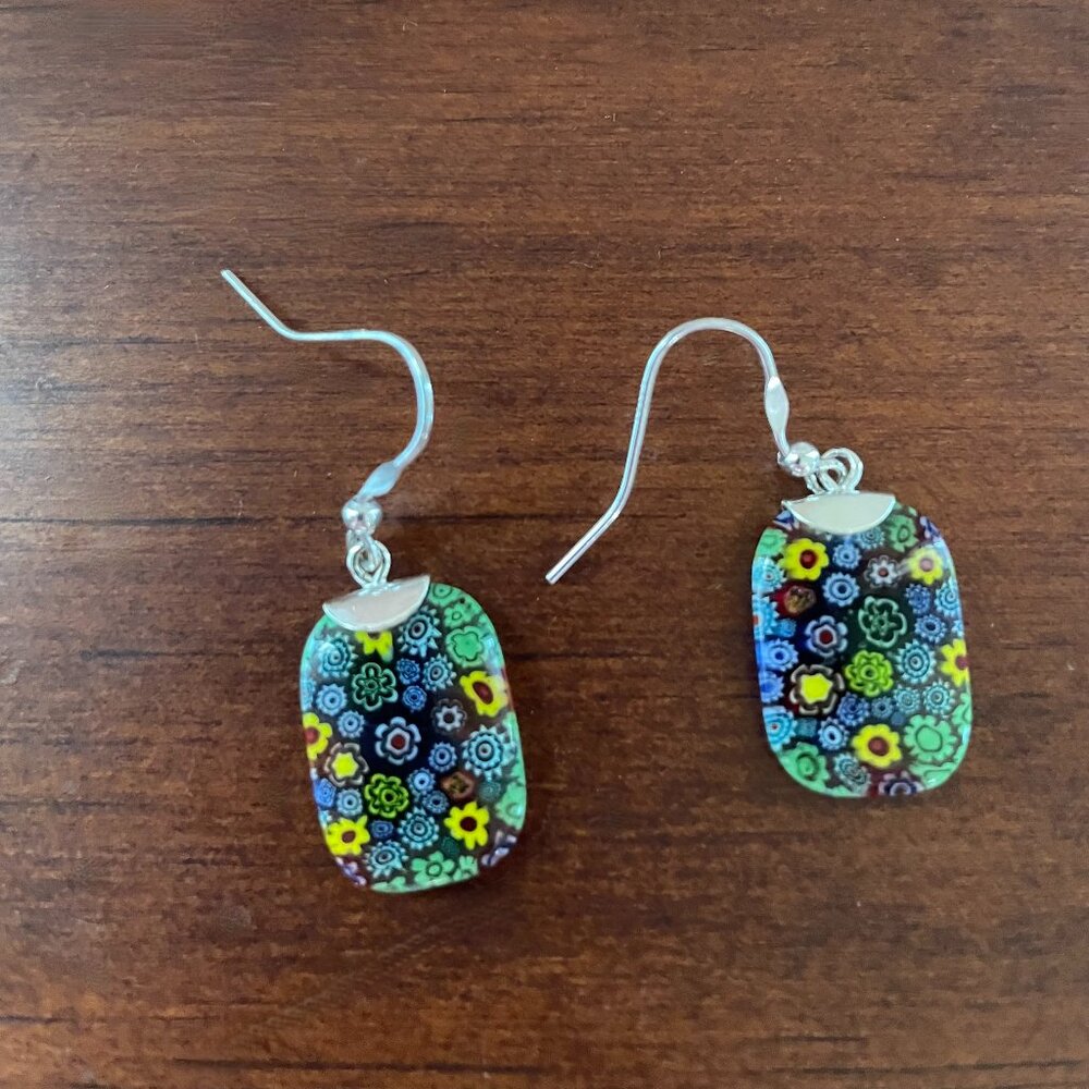 Millefiori Rectangular Earrings With Silver Toned… - image 1